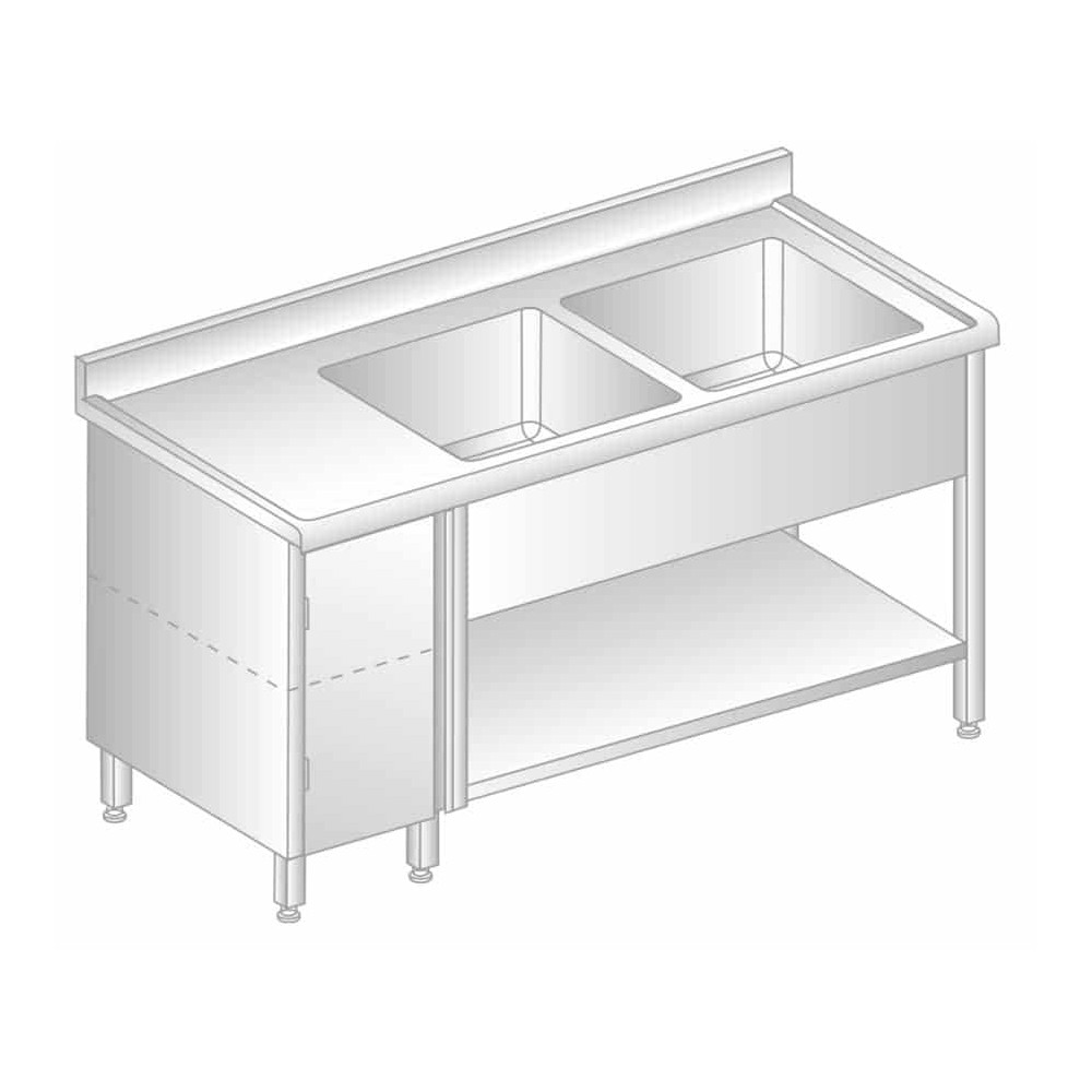 STÓŁ Z DWOMA ZLEWAMI, SZAFKĄ I PÓŁKĄ 1500x700x850 Dora-Metal DM-S-3215
