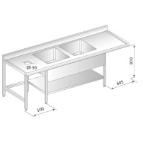 STÓŁ Z DWOMA ZLEWAMI, PÓŁKĄ, OTWOREM NA ODPADKI I MIEJSCEM NA ZMYWARKĘ 2400x700x850 Dora-Metal DM-S-3230
