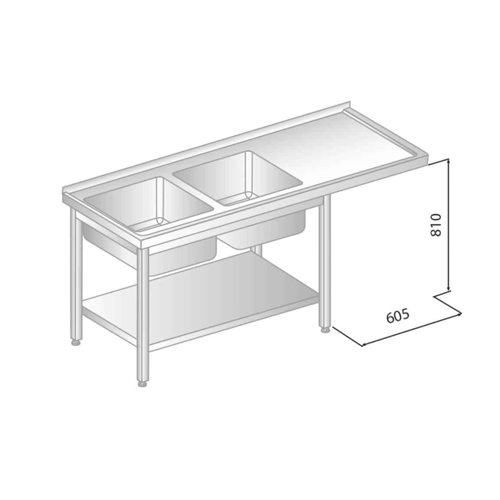STÓŁ Z DWOMA ZLEWAMI, PÓŁKĄ I MIEJSCEM NA ZMYWARKĘ 2100x700x850 Dora-Metal DM-S-3273
