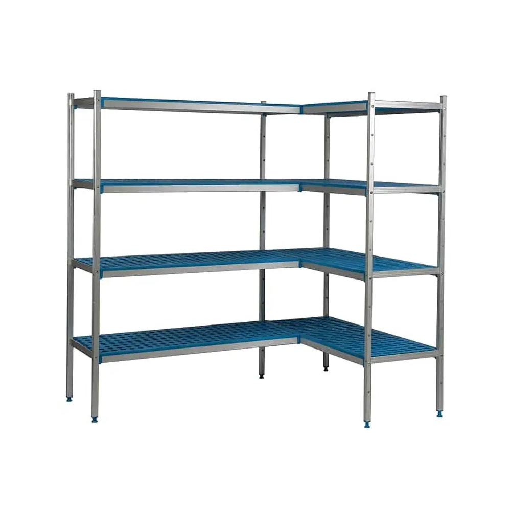 Regał aluminiowo-polipropylenowy narożny, 4 półkowy, 2970x600x1750, ALUSHELF 2PD-64+4P-146+4P-156+8UM
