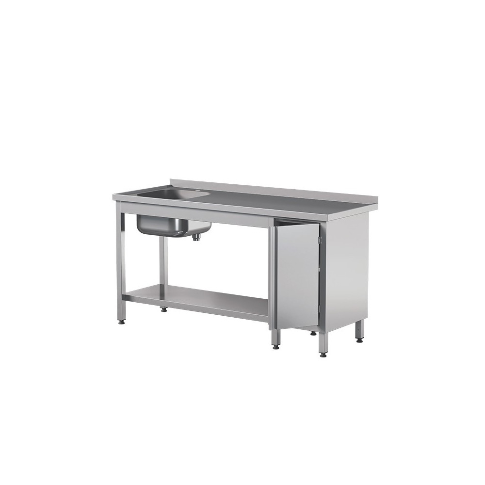 Stół ze zlewem z drzwiami skrzydłowymi i półką 1600 × 700 mm – ASBER STW-167/1 PL L HD S – 304 Line