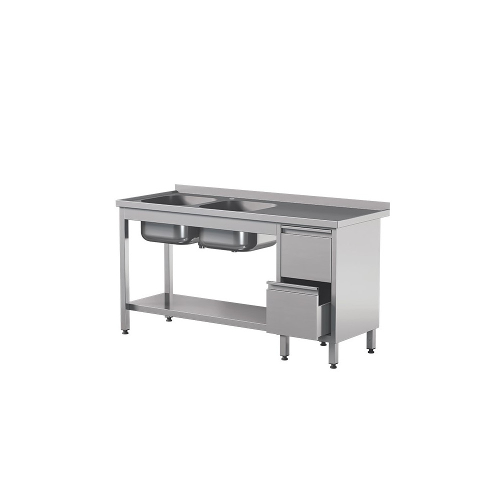 Stół z 2 zlewami  szufladami i półką 1800 × 700 mm – ASBER STW-187/2 PL L 2DR S – ECO Line