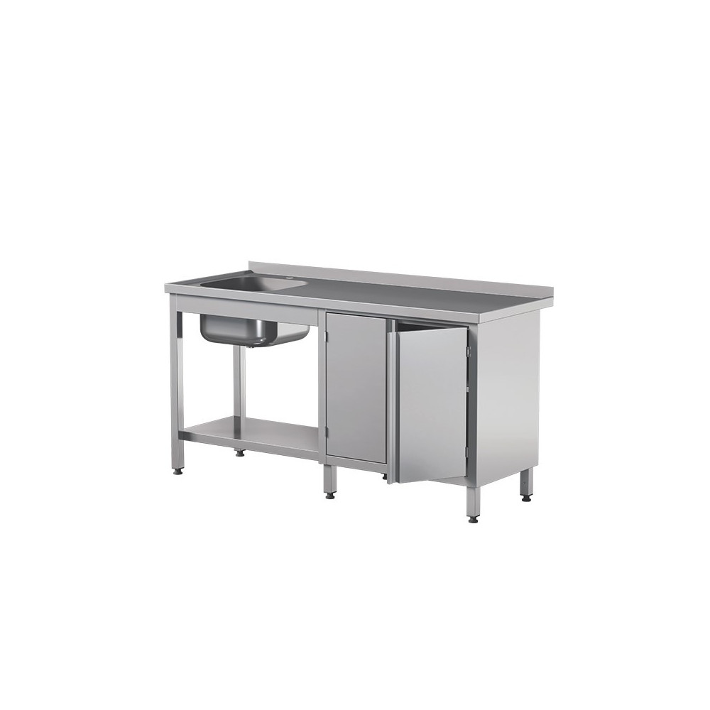Stół ze zlewem z podwójnymi drzwiami skrzydłowymi 2100 × 600 mm – ASBER STW-216/1 PL L 2HD S – 304 Line