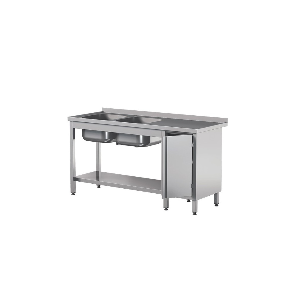 Stół z 2 zlewami  drzwiami skrzydłowymi i półką 1700 × 600 mm – ASBER STW-176/2 PL L HD S – ECO Line