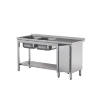 Stół z 2 zlewami  drzwiami skrzydłowymi i półką 2400 × 600 mm – ASBER STW-246/2 PL L HD S – 304 Line