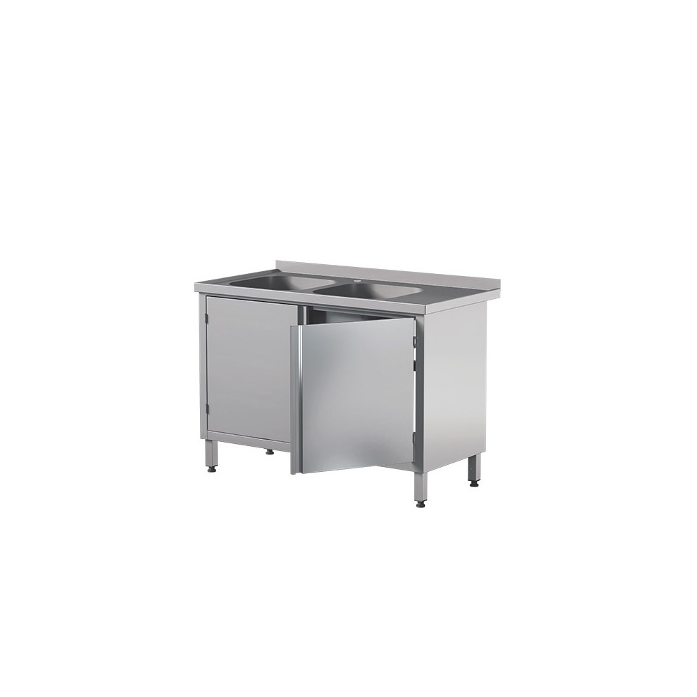 Stół z 2 zlewami i szafką z drzwiami skrzydłowymi - dwudrzwiowe 1300 × 600 mm – ASBER STW-136/2 PL L 2HD C – 304 Line