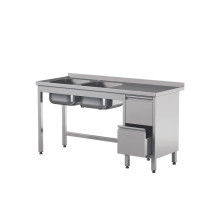 Stół z 2 zlewami i szufladami 1500 × 600 mm – ASBER STW-156/2 PL L 2DR B – ECO Line
