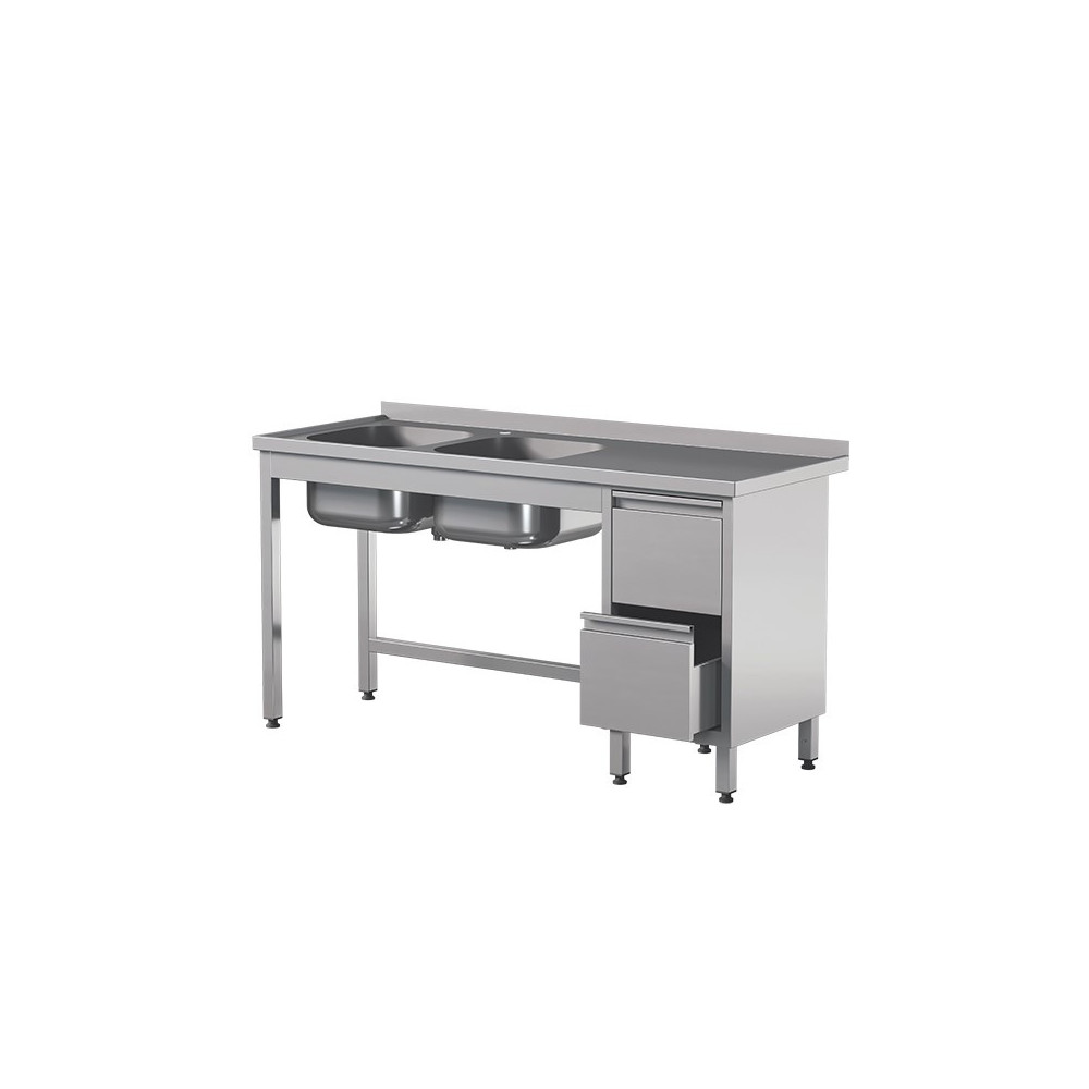 Stół z 2 zlewami i szufladami 2000 × 700 mm – ASBER STW-207/2 PL L 2DR B – 304 Line