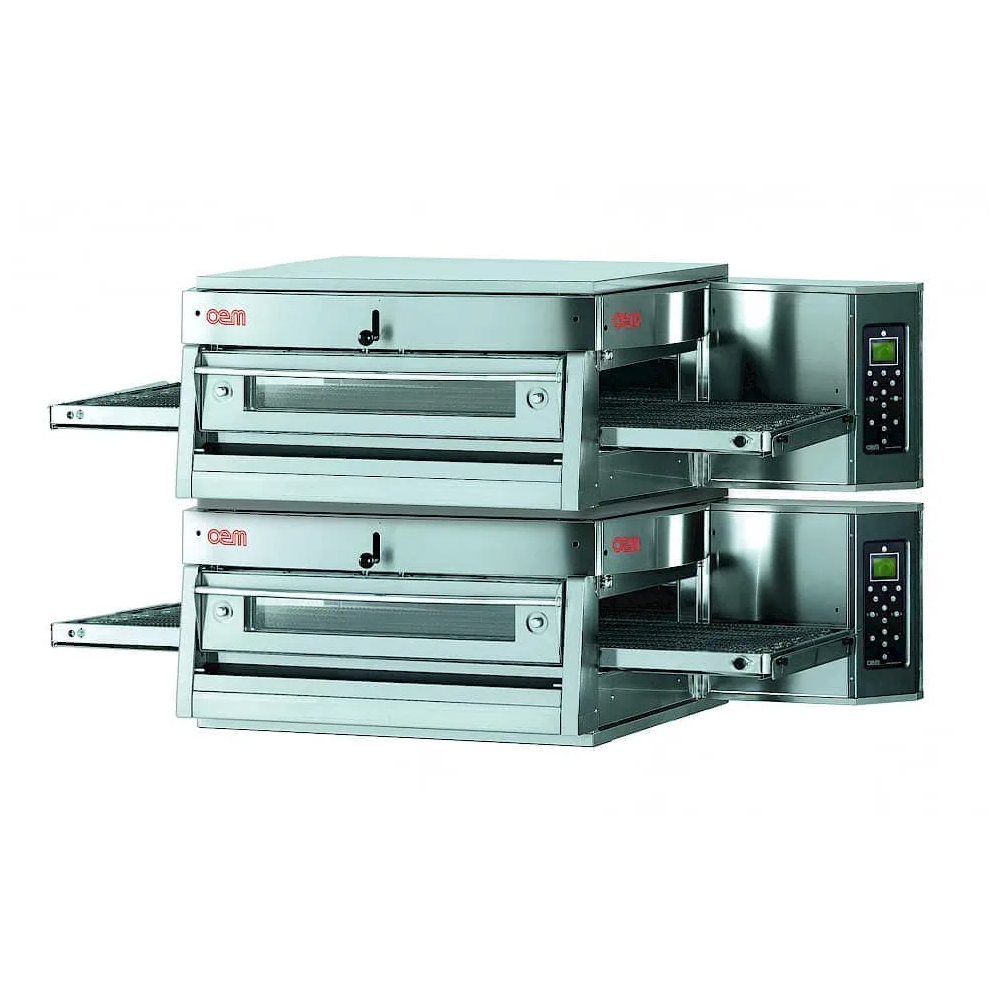 Taśmowy / przelotowy 2 poziomowy piec do pizzy o wydajności 210 pizz x 300-350mm na godzinę, szerokość taśmy 750mm, OEM HV75 LCD