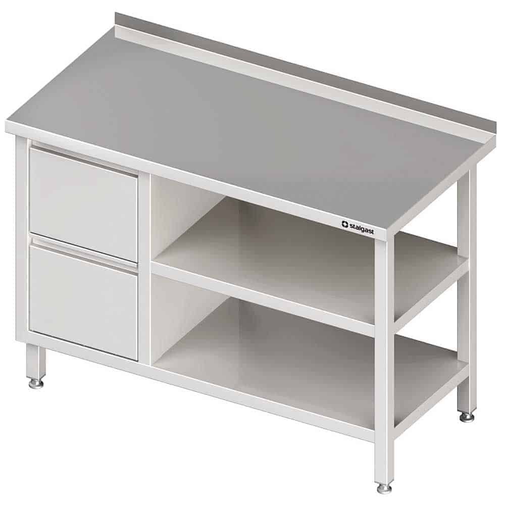 Stół przyścienny z blokiem dwóch szuflad (L),i 2-ma półkami 1400x600x850 mm Stalgast 980286140