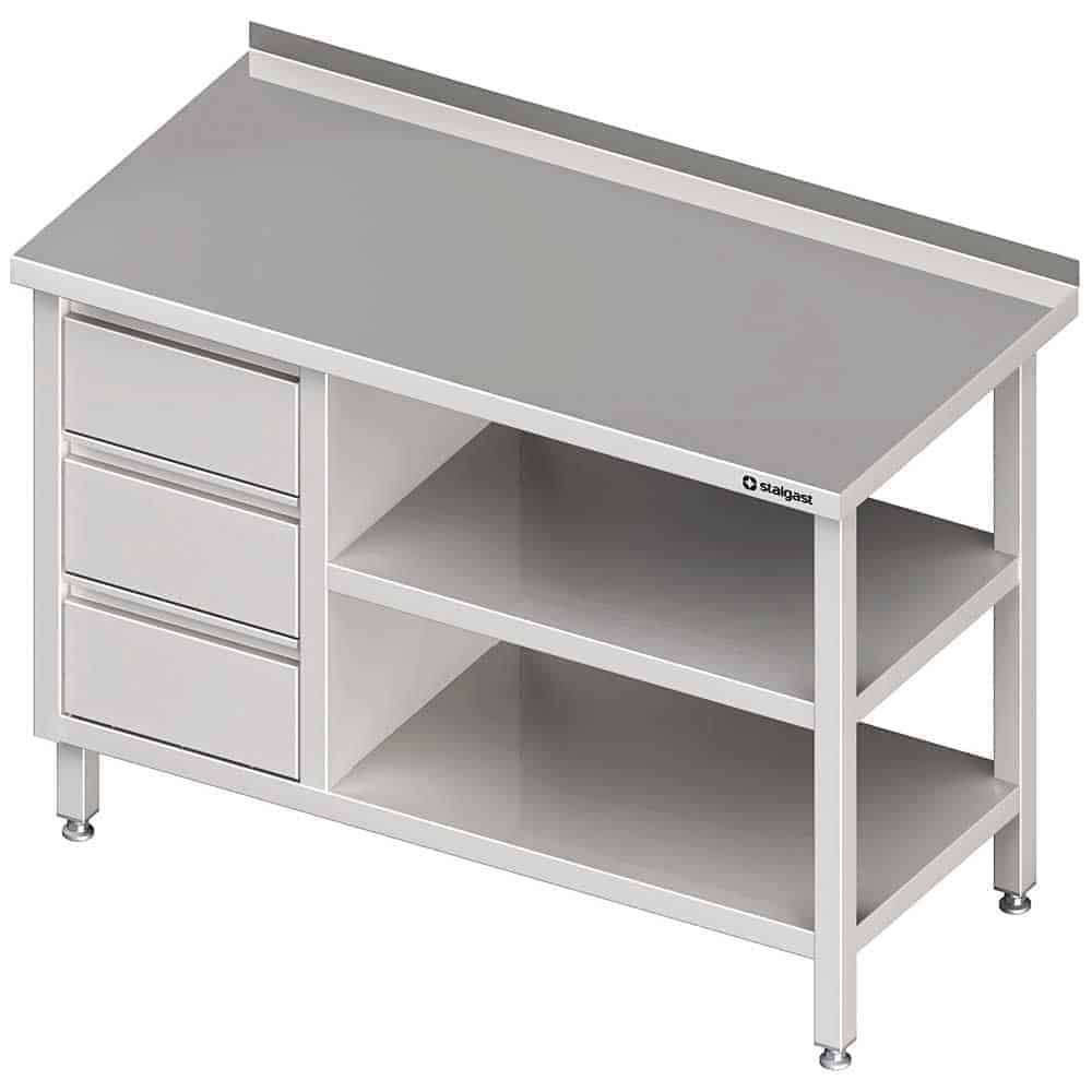 Stół przyścienny z blokiem trzech szuflad (L),i 2-ma półkami 1600x600x850 mm Stalgast 980406160