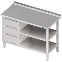 Stół przyścienny z blokiem trzech szuflad (L),i 2-ma półkami 1400x700x850 mm Stalgast 980407140
