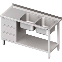 Stół ze zlewem 2-kom.(P), z blokiem trzech szuflad i półką 1500x600x850 mm Stalgast 981096150