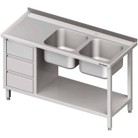 Stół ze zlewem 2-kom.(P), z blokiem trzech szuflad i półką 1800x600x850 mm Stalgast 981096180