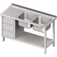 Stół ze zlewem 2-kom.(P), z blokiem trzech szuflad i półką 1800x600x850 mm Stalgast 981096180