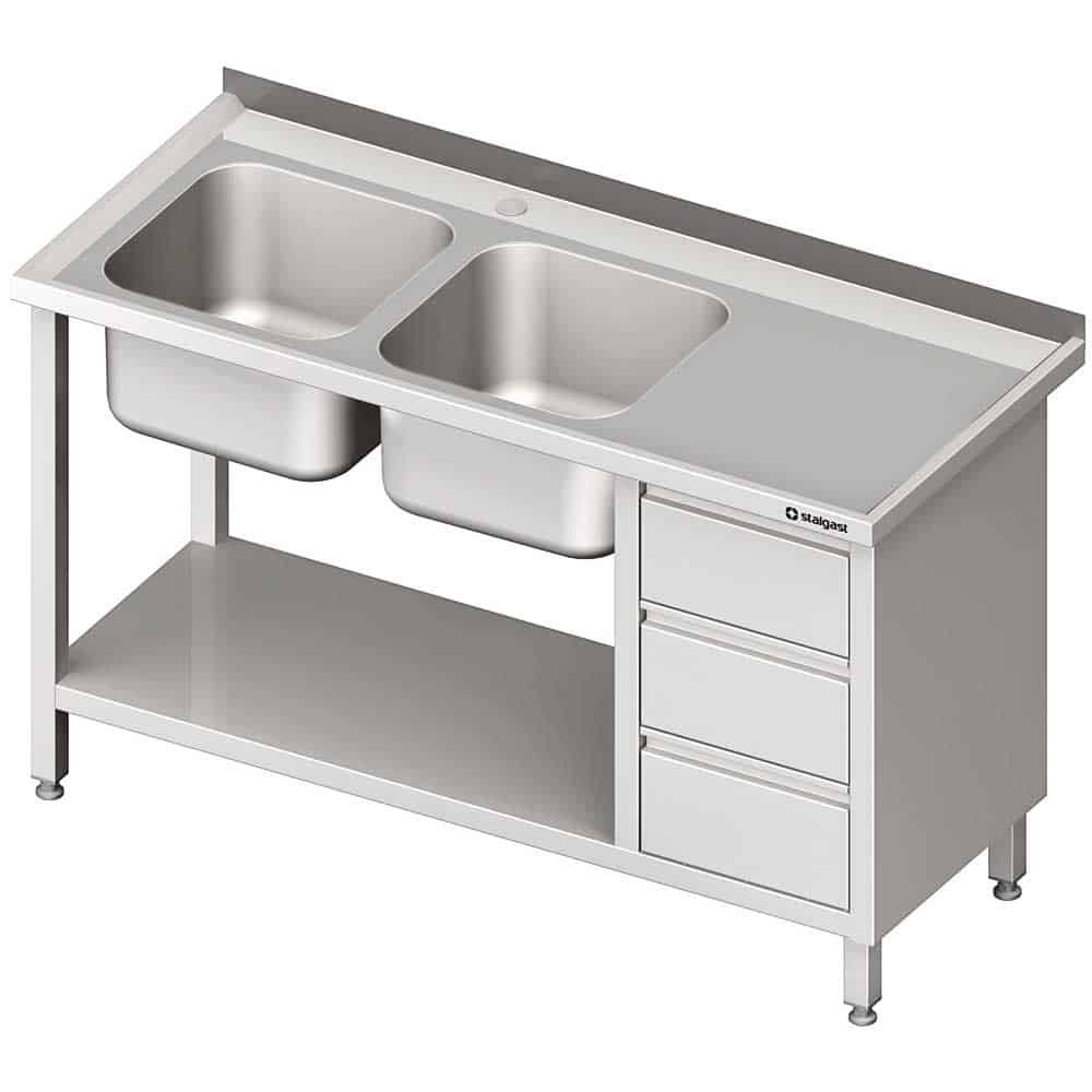 Stół ze zlewem 2-kom.(L), z blokiem trzech szuflad i półką 1400x700x850 mm Stalgast 981107140