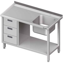 Stół ze zlewem 1-kom.(P), z blokiem trzech szuflad i półką 1100x600x850 mm Stalgast 982366110