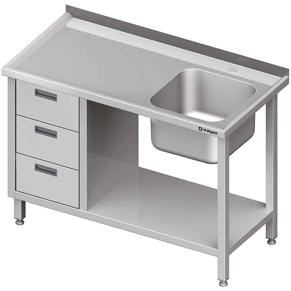 Stół ze zlewem 1-kom.(P), z blokiem trzech szuflad i półką 1400x700x850 mm Stalgast 982367140