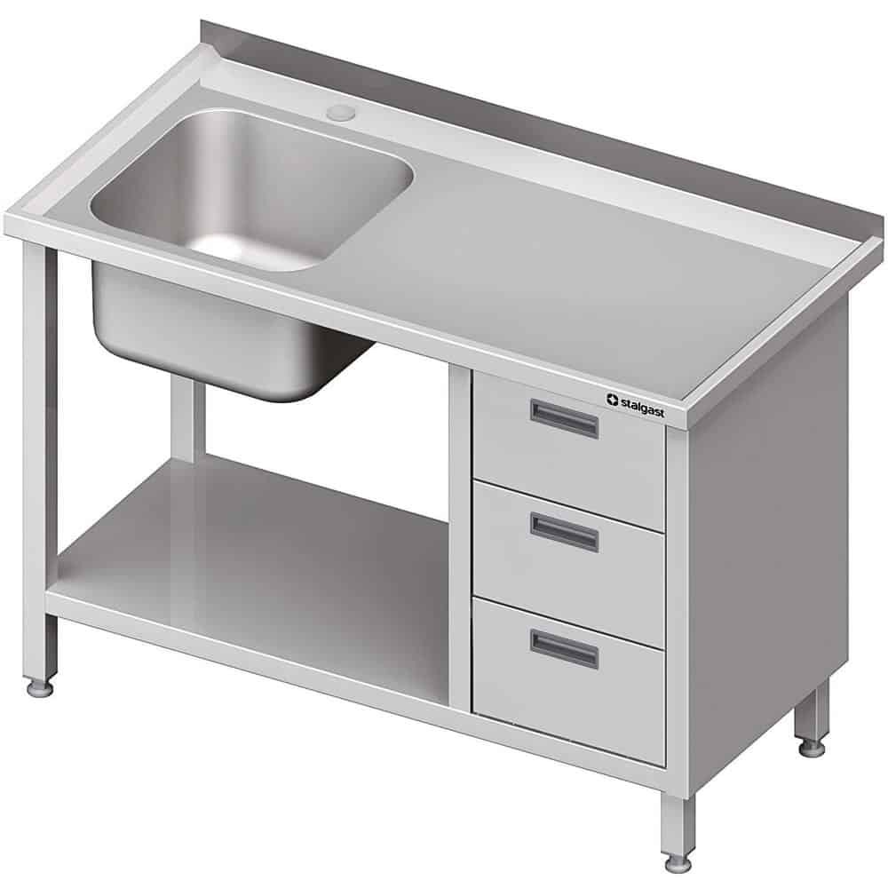 Stół ze zlewem 1-kom.(L), z blokiem trzech szuflad i półką 1300x600x850 mm Stalgast 982376130