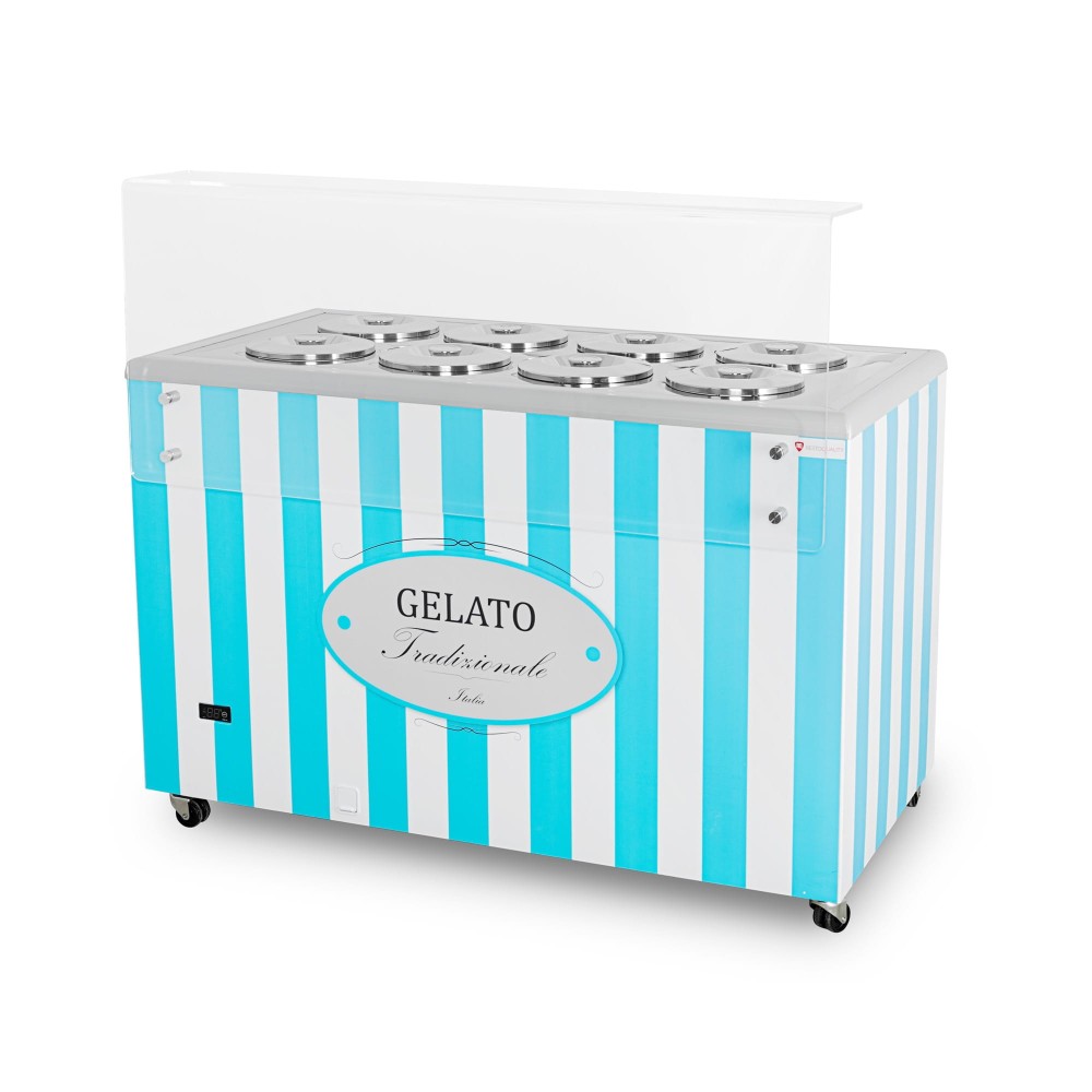 Dystrybutor do lodów | witryna do lodów | konserwator | retro | 8 tub | okrągłe kuwety | 1283x670x895 mm | GELATO POZETTI 8 BLUE