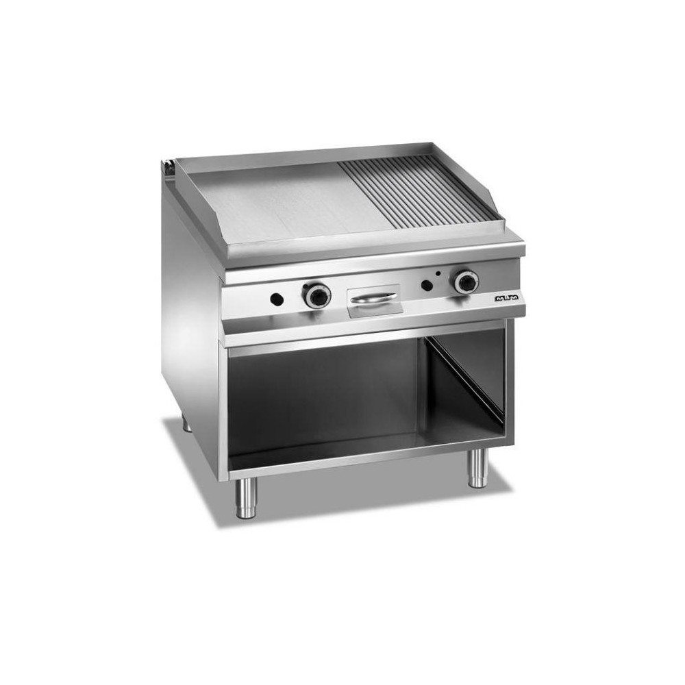 Płyta grillowa gazowa, na podstawie z trzech stron zamkniętej 800x900 - 2/3 gładka, 1/3 ryflowana, Magistra Plus 900 Wariant pod