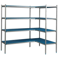 Regał aluminiowo-polipropylenowy narożny, 4 półkowy, 3900x400x1750, ALUSHELF 3PD-44+4P-124+8P-134+8UM