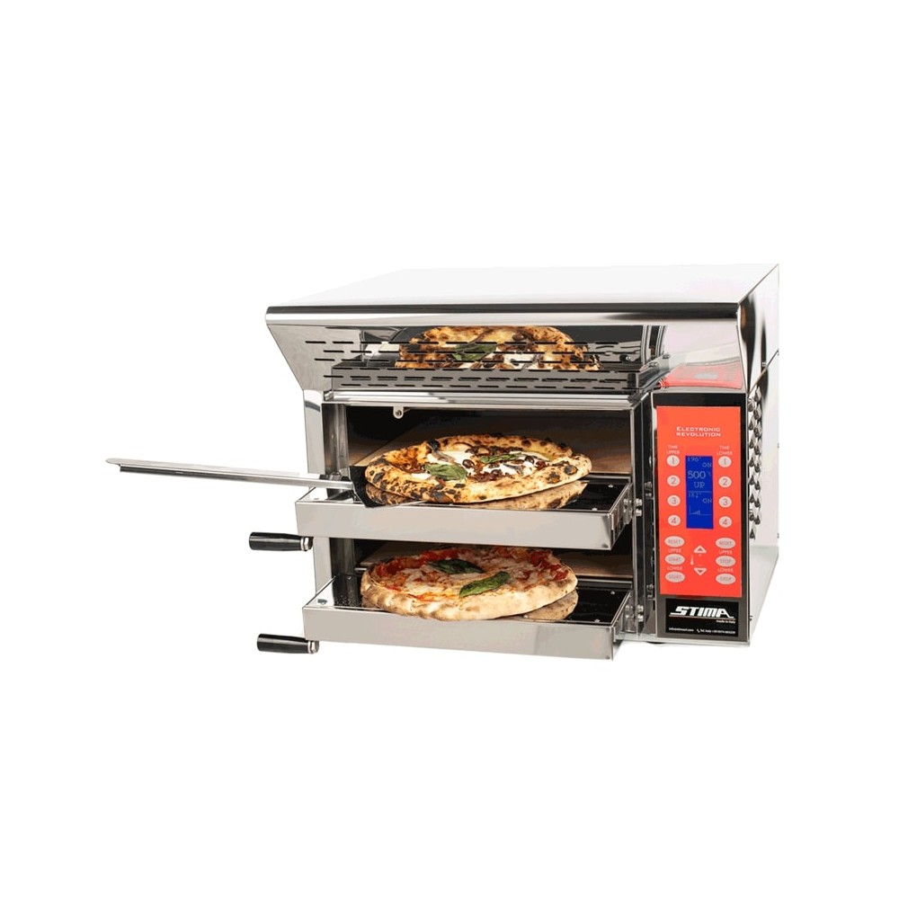 Piec do pizzy 2 komorowy o pojemności 1 pizzy na komorę, osiąga 520 stopni, wbudowany okap, 630x550x490, Stima VP2 revolution