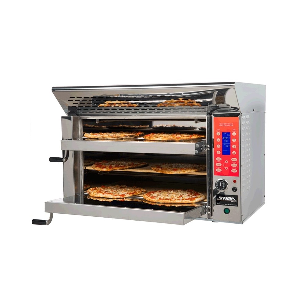 Piec do pizzy 3 komorowy o pojemności 2 pizzy na komorę, osiąga 520 stopni, wbudowany okap, 910x610x640, Stima VP3 Revolution XL