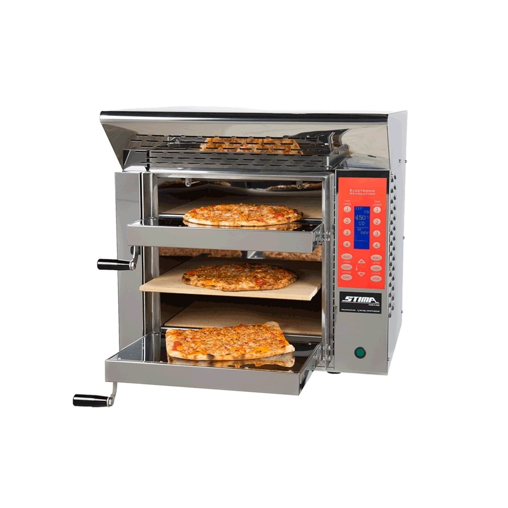 Piec do pizzy 3 komorowy o pojemności 1 pizzy na komorę, osiąga 520 stopni, wbudowany okap, 660x610x640, Stima VP3 Revolution