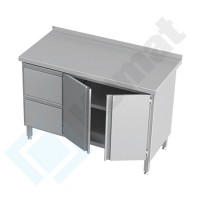 Stół przyścienny z szufladami i drzwiami skrzydłowymi 1400x700x850, AISI 304, Komat KST-029