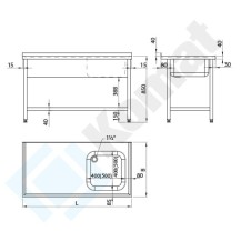 Stół ze zlewem z półką 900x700x850, AISI 304, Komat KST-102