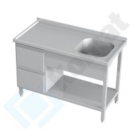 Stół ze zlewem, szufladami i półką 1100x700x850, AISI 304, Komat KST-105