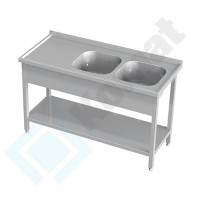 Stół ze zlewem 2-komorowym i półką 1000x600x850, AISI 304, Komat KST-122