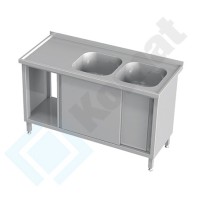Stół ze zlewem 2-komorowym i drzwiami suwanymi 1000x600x850, AISI 304, Komat KST-123