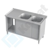 Stół ze zlewem 2-komorowym i drzwiami suwanymi 1000x600x850, AISI 304, Komat KST-123
