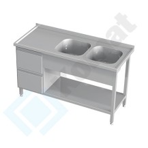 Stół ze zlewem 2-komorowym, szufladami i półką 2200x600x850, AISI 304, Komat KST-125