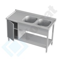 Stół ze zlewem 2-komorowym, szafką i półką 1800x600x850, AISI 304, Komat KST-126