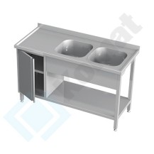 Stół ze zlewem 2-komorowym, szafką i półką 2200x700x850, AISI 304, Komat KST-126