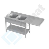 Stół ze zlewem 2-komorowym, przestającym blatem i półką 1800x600x850, AISI 304, Komat KST-142