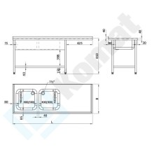 Stół ze zlewem 2-komorowym, przestającym blatem i półką 1800x600x850, AISI 304, Komat KST-142
