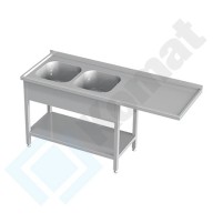 Stół ze zlewem 2-komorowym, przestającym blatem i półką 1700x700x850, AISI 304, Komat KST-142