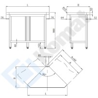 Stanowisko narożne wewnętrzne 90° 1075x570x900, AISI 304, Komat KL1-05.7090
