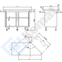 Stanowisko z szafką narożną wewnętrzną 90° 1216x641x900, AISI 304, Komat KL2-05.8090