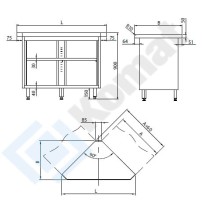 Stanowisko z szafką narożną wewnętrzną 90° 1075x570x900, AISI 304, Komat KL3-05.7090