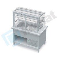 Stanowisko z witryną chłodniczą z wanną - witryna z klapkami uchylnymi, szyba gięta 1300x800x900, AISI 304, Komat KL2-81.803G