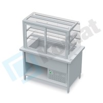 Stanowisko z witryną chłodniczą z wanną - witryna z klapkami uchylnymi, szyba gięta 1300x800x900, AISI 304, Komat KL2-81.803G