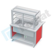Stanowisko z witryną chłodniczą z wanną - witryna zamknięta, szyba gięta 970x800x900, AISI 304, Komat KL4-80.802G