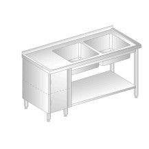 STÓŁ Z DWOMA ZLEWAMI, SZAFKĄ I PÓŁKĄ 1400x700x850 Dora-Metal DM-3215