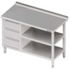 Zdjęcie Stół przyścienny z blokiem trzech szuflad (L),i 2-ma półkami 1100x600x850 mm Stalgast 980406110