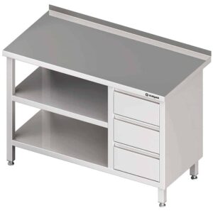 Stół przyścienny z blokiem trzech szuflad (P),i 2-ma półkami 1000x600x850 mm Stalgast 980416100
